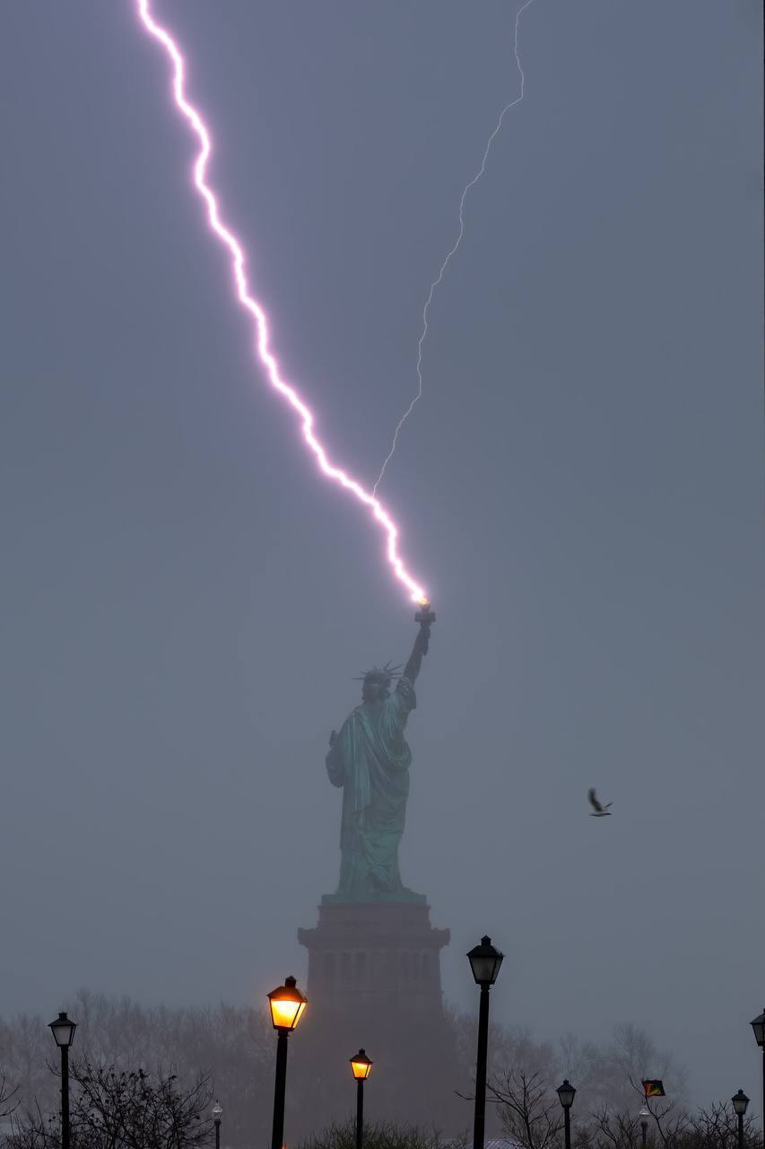 Опублікували фото, як блискавка влучає у статую Свободи