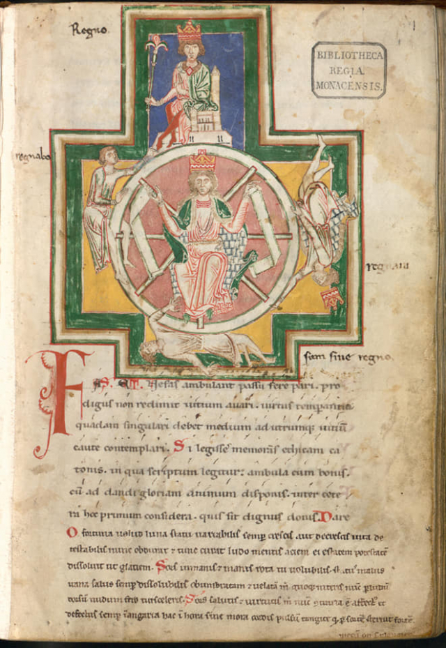 1. Колесо Фортуни. Bavarian State Library, Munich, Codex Buranus (Carmina Burana) Clm 4660; fol. 1r. Фото - Symbolon.