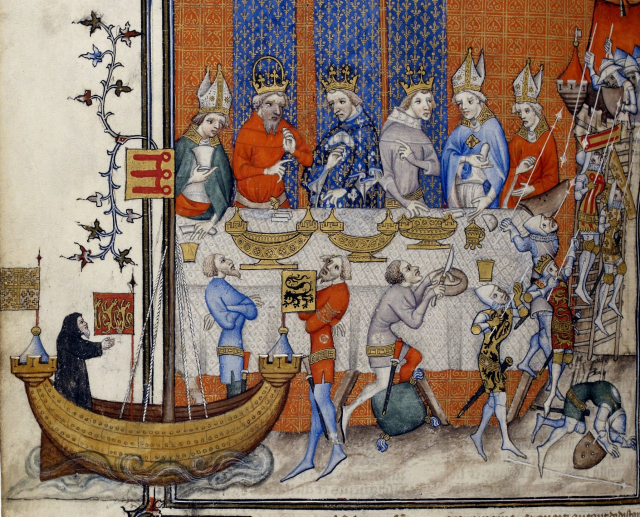 Сільниці та ємності для прянощів у формі кораблів на бенкеті Карла IV (1370 р.) Les Grandes Chroniques de France BNF Français 2813, fol. 473v. Фото - Symbolon.