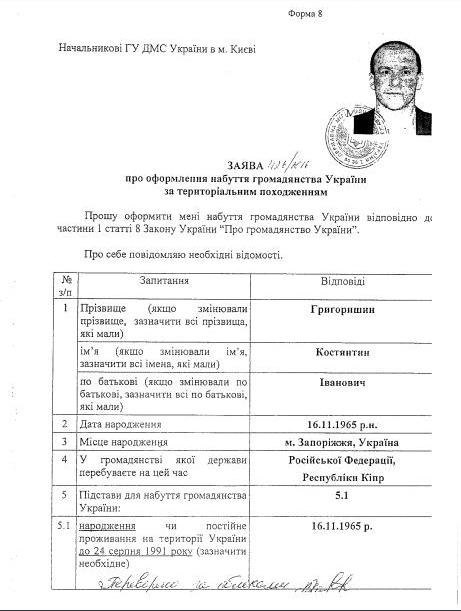 Григоришин попросив українське громадянство