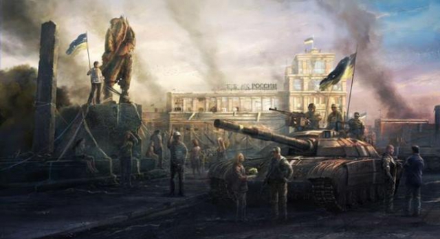 Українська армія на пл. Леніна у Донецьку щойно після вигнання російських окупантів. Малюнок.