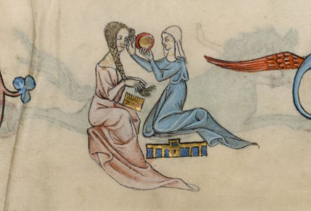 Служниця розчісує волосся своєї пані, тримаючи люстерко, 1320-1340, Латтреллівський псалтир, British Library MS. Add. 42130, fol. 63r. Фото - Symbolon.