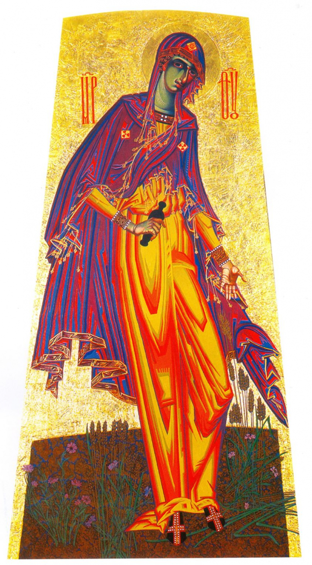 На світлині зображено твір Миколи Бідняка Чорнобильська Богоматір Дошка, акрил 1992 р.