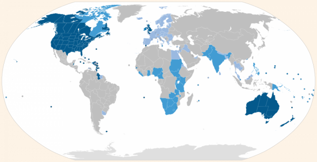 Англосфера: Місця, де англійська є офіційною мовою і першою мовою більшості людей, позначені темно-синім кольором. Місця, де англійська є офіційною мовою, але не першою мовою більшості населення, позначені світло-блакитним кольором.