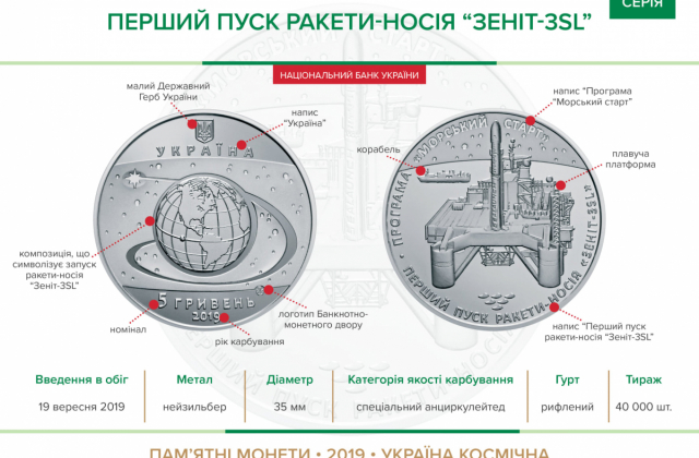 НБУ ввів в обіг пам’ятну монету "Перший пуск ракети-носія "Зеніт-3SL"