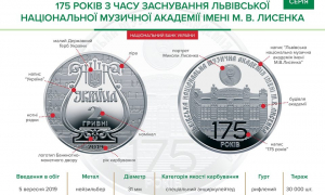 НБУ ввів в обіг пам’ятну монету “175 років з часу заснування Львівської національної музичної академії імені М. В. Лисенка”